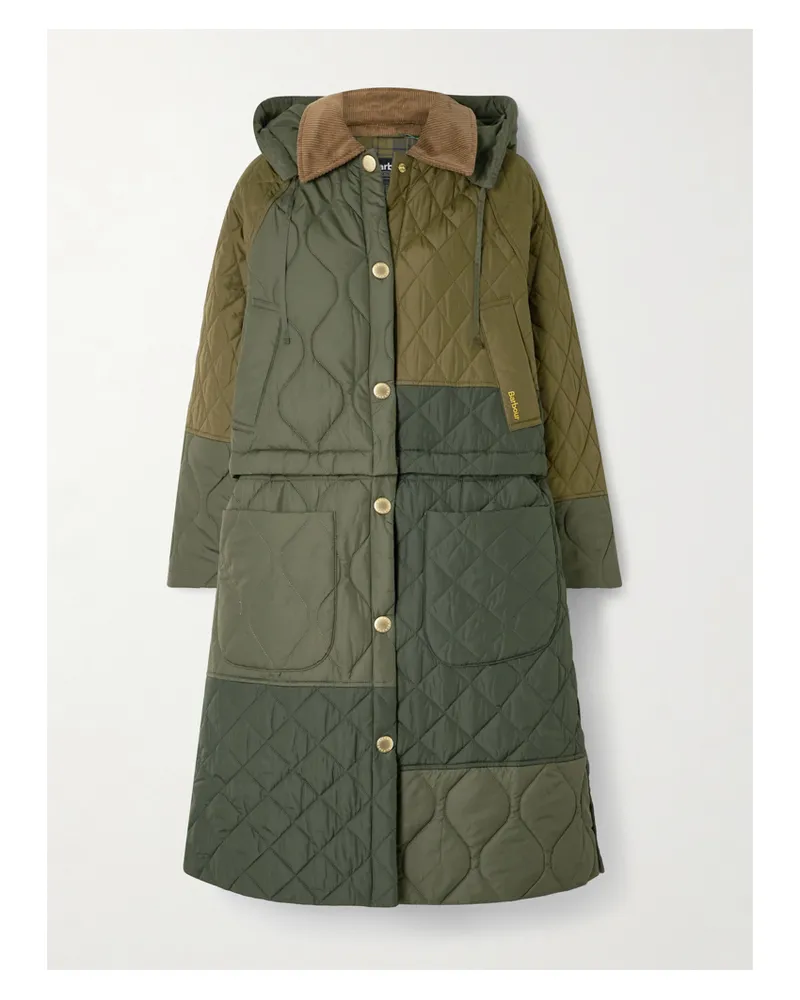 Barbour Lilian Hooded Convertible Corduroy-trimmed Quilted Recycled-shell Coat - Green Green