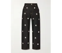 Appliquéd Straight-leg Jeans - Black
