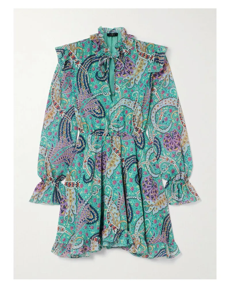 Etro Minikleid Aus Voile Mit Jacquard-paisley-muster Und Rüschen - Blau Blau
