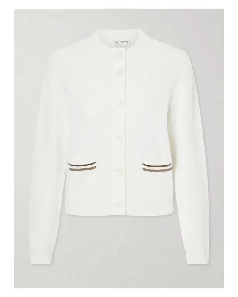 Brunello Cucinelli Bead-embellished Ribbed Cotton Cardigan - White White