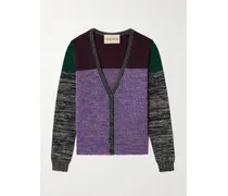 Color-block Metallic Ribbed Wool-blend Cardigan - Purple