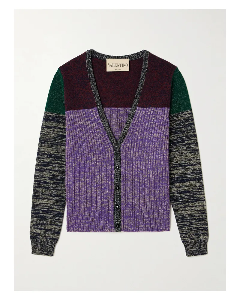 Valentino Garavani Color-block Metallic Ribbed Wool-blend Cardigan - Purple Purple