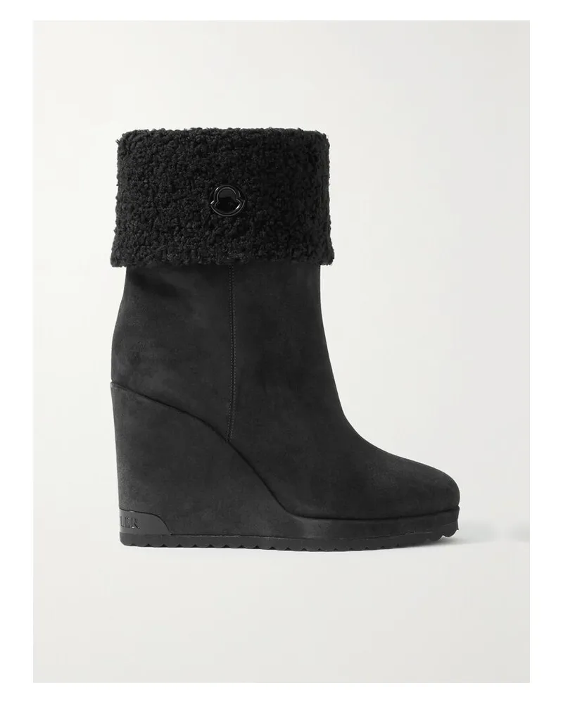 Moncler W Short Stiefel Aus Veloursleder Mit Keilabsatz Und Futter Aus Shearling-imitat - Schwarz Schwarz