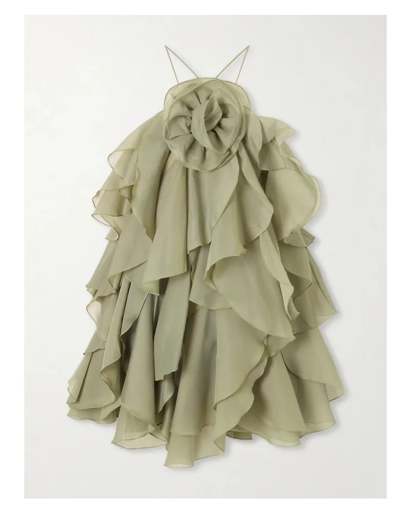 Aje. Pandorea Appliquéd Ruffled Layered Chiffon Mini Dress - Green Green