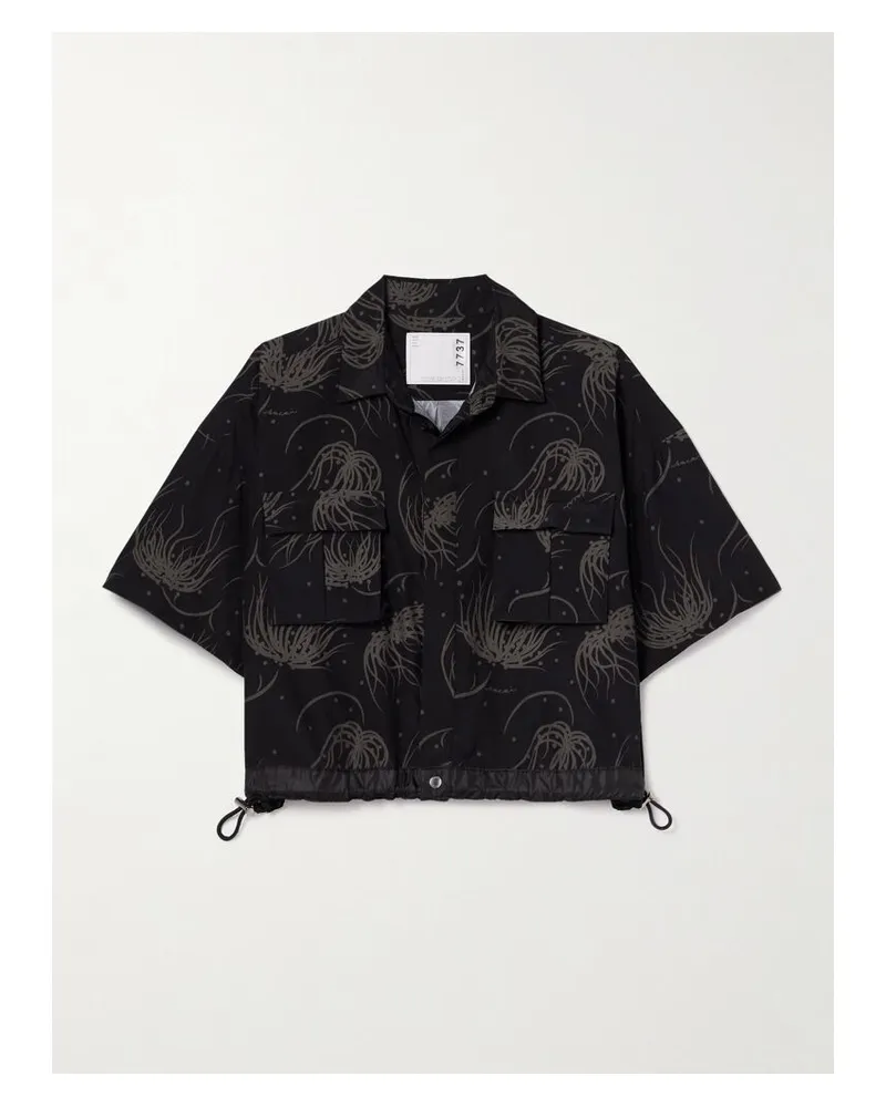 Sacai Verkürztes Hemd Aus Bedruckter Popeline Mit Shell-besätzen - Schwarz Schwarz