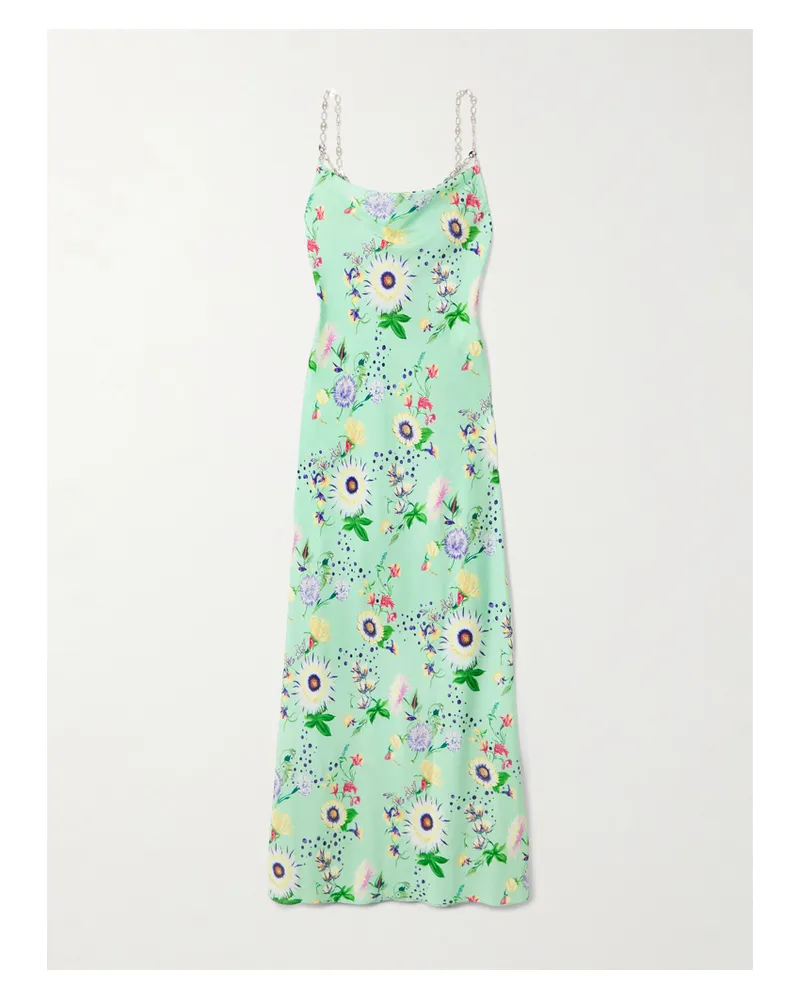 Paco Rabanne Chain-embellished Floral-print Satin Midi Dress - Green Green