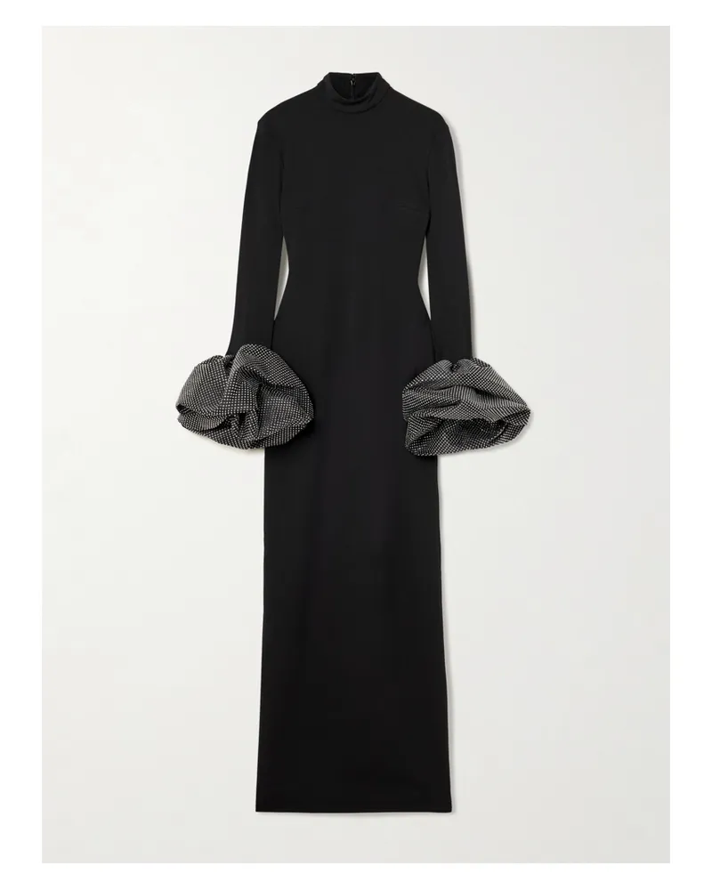 Solace London Viviana Ruffled Crystal-embellished Crepe Mock-neck Gown - Black Black