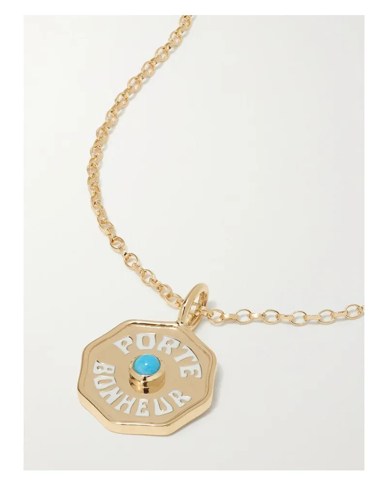 Marlo Laz Mini Porte Bonheur Coin Kette Aus 14 Karat Gold Mit Emaille Und Türkis Gold