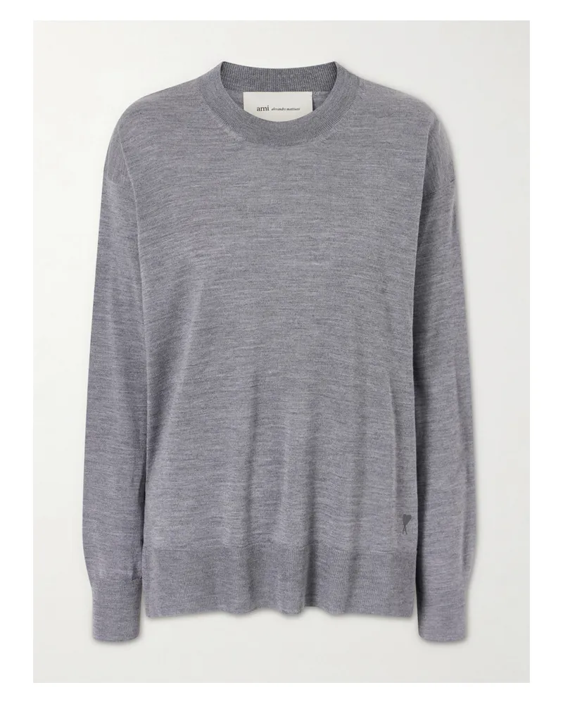 AMI Paris Knitted Wool And Silk-blend Sweater - Gray Gray