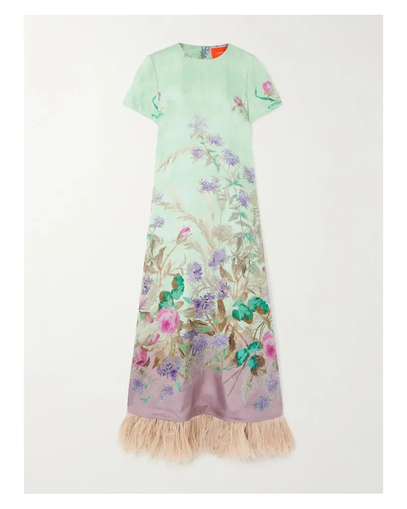 La DoubleJ Maxikleid Aus Seiden-twill Mit Blumenprint Und Federn - Grün Grün