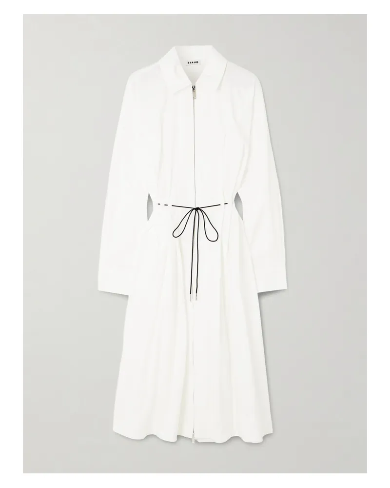 STAUD Chi Belted Pleated Cotton-blend Poplin Midi Dress - White White