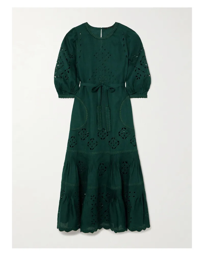 VITA KIN Karry Midikleid Aus Besticktem Leinen Mit Lochstickerei - Grün Grün