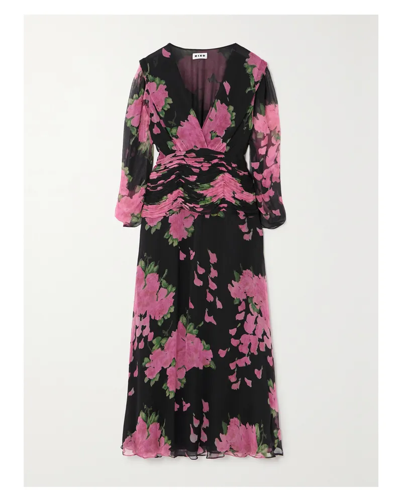 RIXO Racquel Midikleid Aus Devoré-samt Mit Blumenprint Und Raffungen - Mehrfarbig Mehrfarbig
