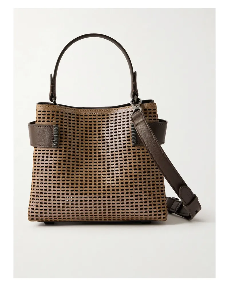 Brunello Cucinelli Essence Small Bead-embellished Perforated Metallic Leather Shoulder Bag - Brown Brown