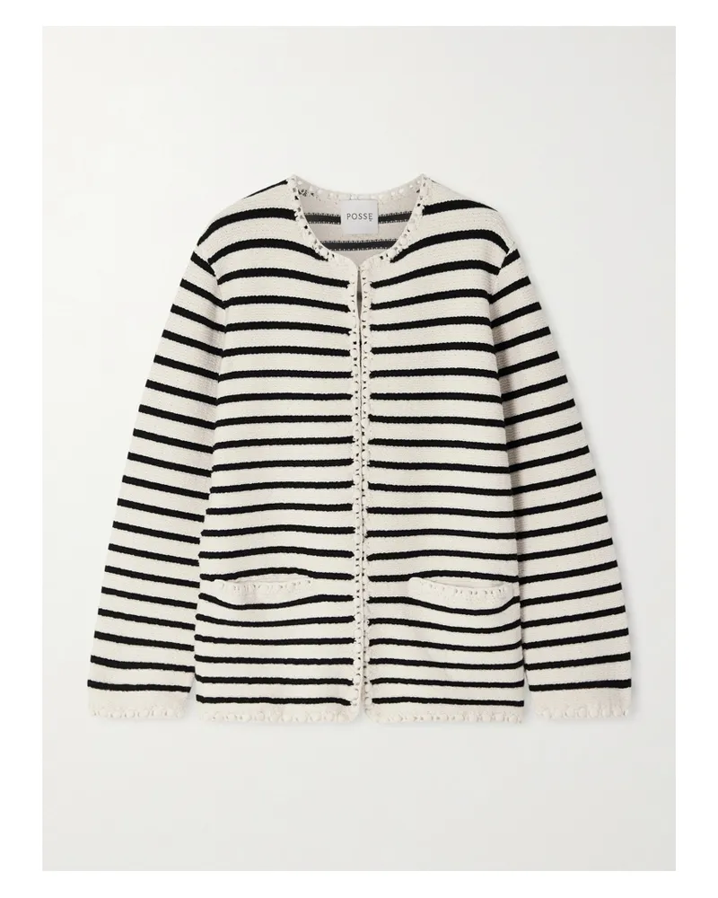 Posse Henry Embellished Striped Knitted Cardigan - White White