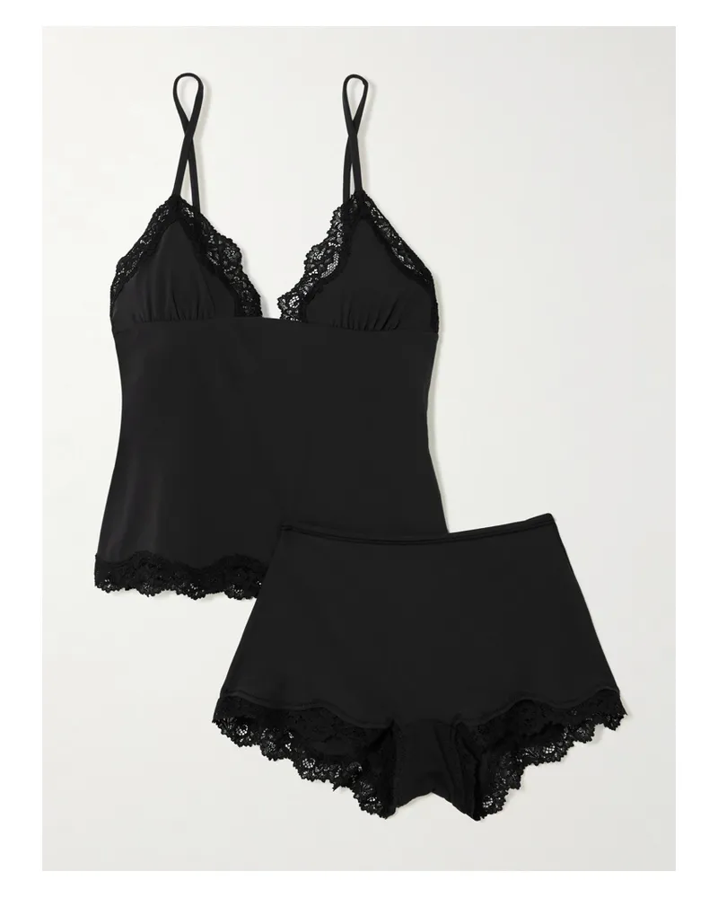 SKIMS Fits Everybody Lace Triangle Cami And Boy Short Set – Onyx – Set Aus Top Und Shorts Mit Spitzenbesätzen - Schwarz Schwarz