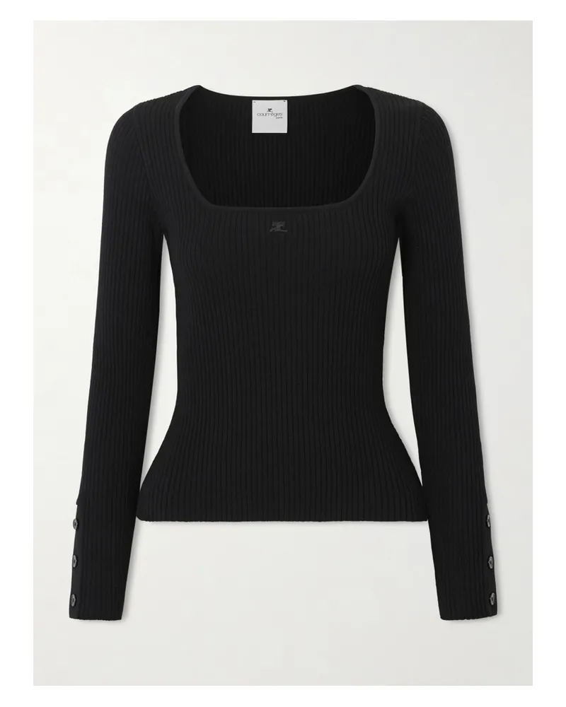 Courrèges Embroidered Ribbed-knit Top - Black Black