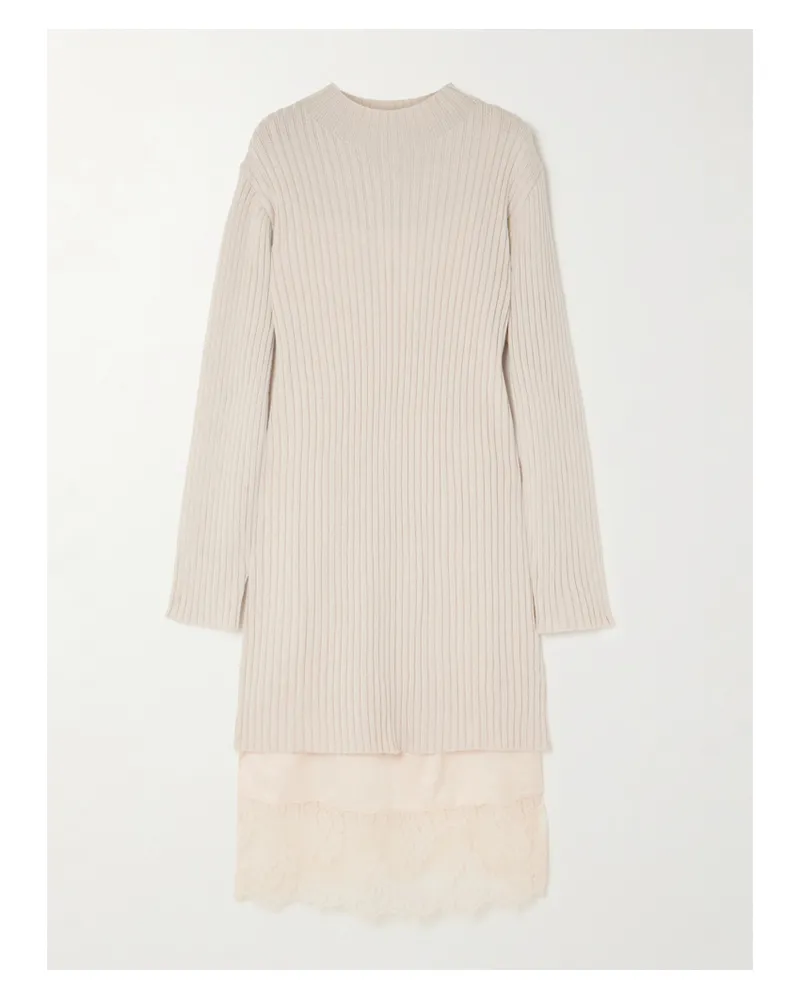 STAUD Willow Mehrlagiges Midikleid Aus Satin Und Einer Wollmischung In Rippstrick Mit Spitzenbesatz - Ecru Ecru