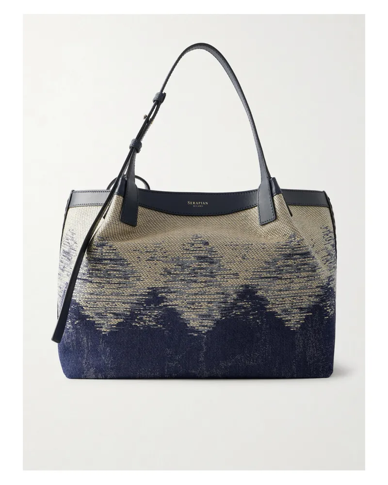 Serapian Secret Small Leather-trimmed Embroidered Denim Tote - Blue Blue