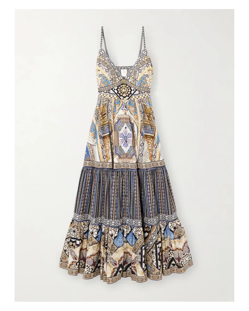 Camilla Maxikleid Aus Baumwolle Mit Spitzeneinsätzen, Raffungen Und Kristallen - Grau Grau