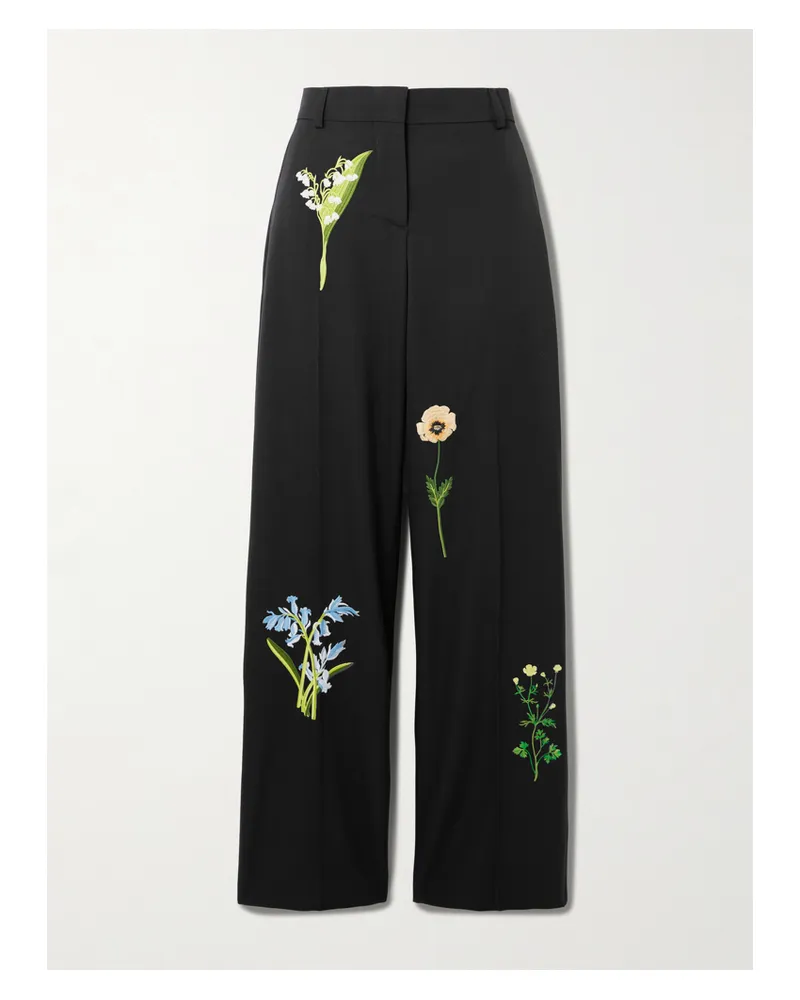 Stella McCartney Embroidered Wool-twill Wide-leg Pants - Black Black