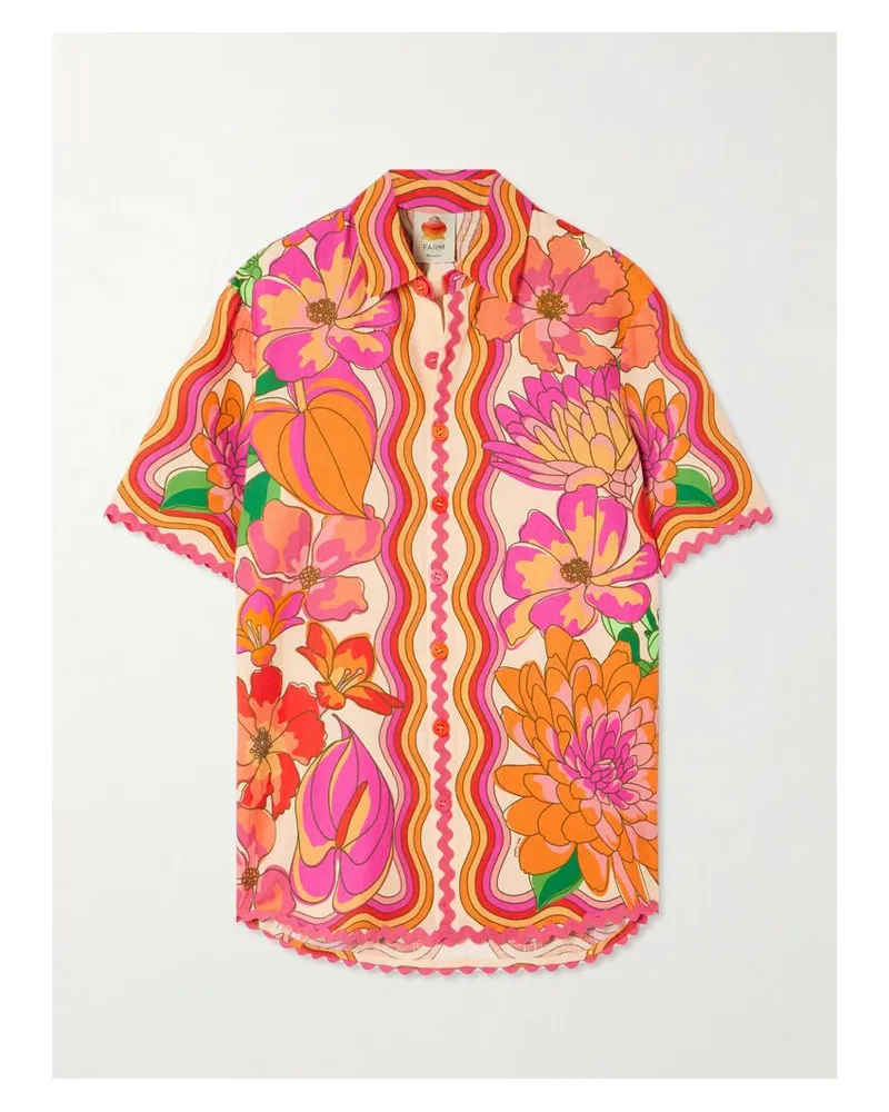 FARM Rio Spring Affair Hemd Aus Einer Leinenmischung Mit Blumenprint - Orange Orange