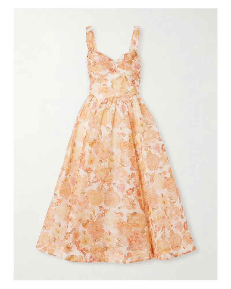 Zimmermann Rebellion Floral-print Linen And Silk-blend Bustier Midi Dress - Orange Orange