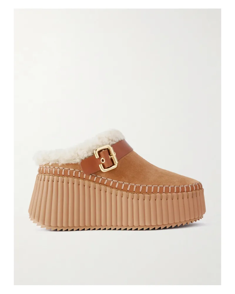 Chloé Nama Plateau-mules Aus Veloursleder Mit Shearling-futter Und Schnalle - Braun Braun