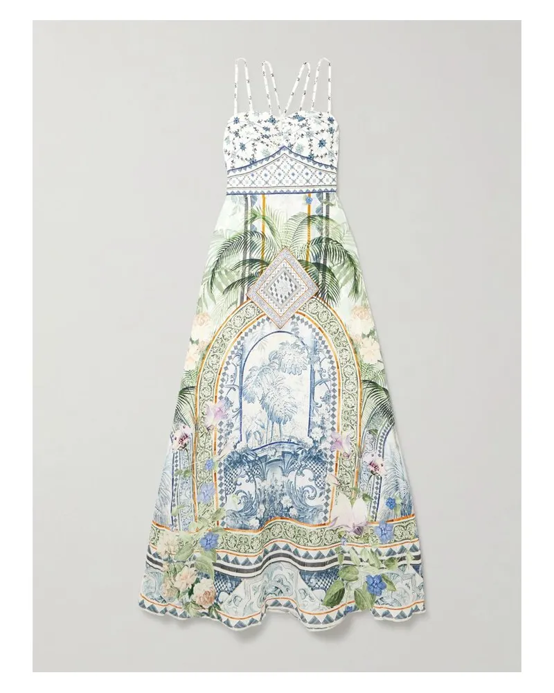 Camilla Jardim Party Maxikleid Aus Einer Bedruckten Leinen-seidenmischung Mit Kristallen - Weiß Weiß