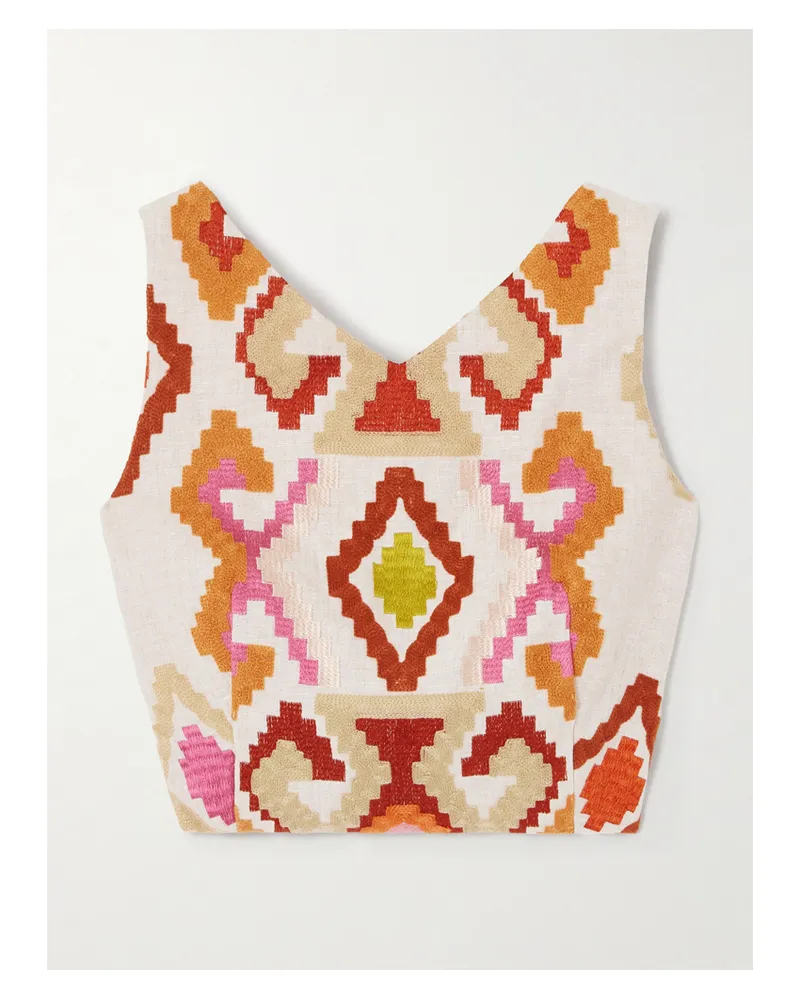 Marta Ferri Santorini Cropped Embroidered Linen-blend Top - Multi Multi