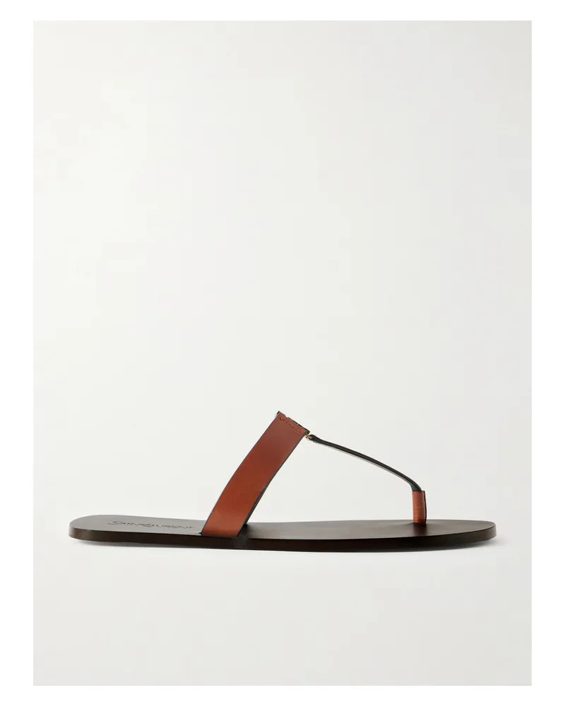 Saint Laurent Cassandra Embellished Leather Thong Sandals - Brown Brown
