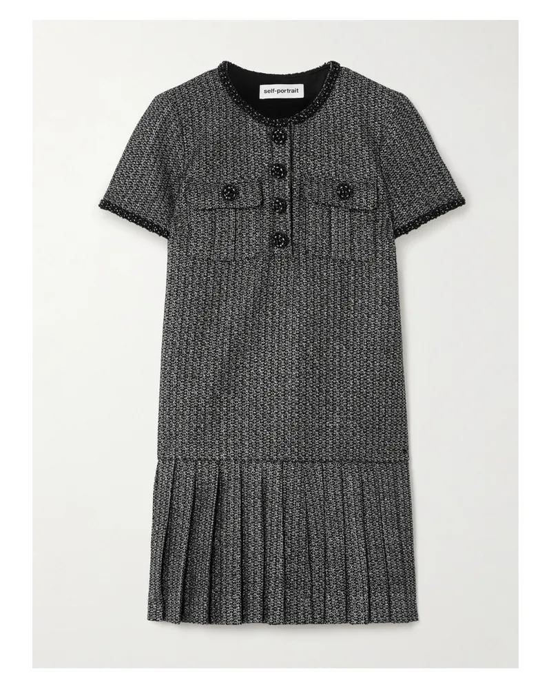Self-Portrait Minikleid Aus Bouclé In Metallic-optik Mit Falten Und Verzierungen - Schwarz Schwarz