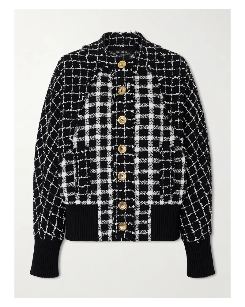 Balmain Frayed Checked Bouclé-tweed Bomber Jacket - Black Black
