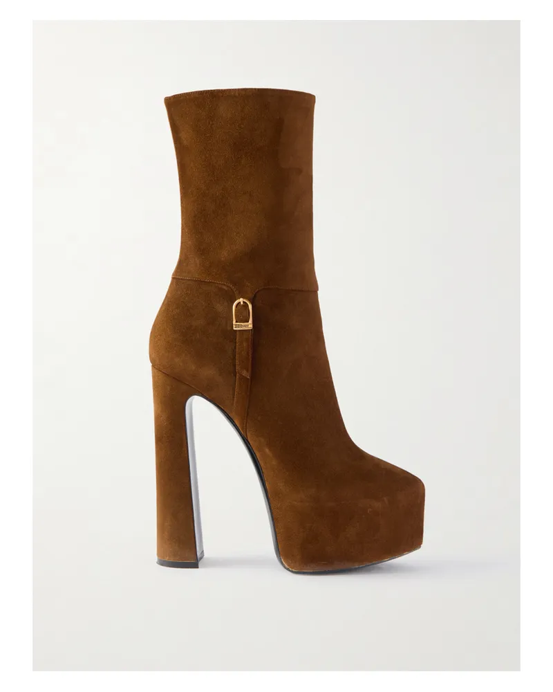 Saint Laurent Nico Buckled Suede Platform Boots - Brown Brown