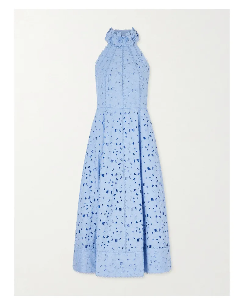Rebecca Vallance Nuvola Appliquéd Broderie Anglaise Cotton Halterneck Midi Dress - Blue Blue