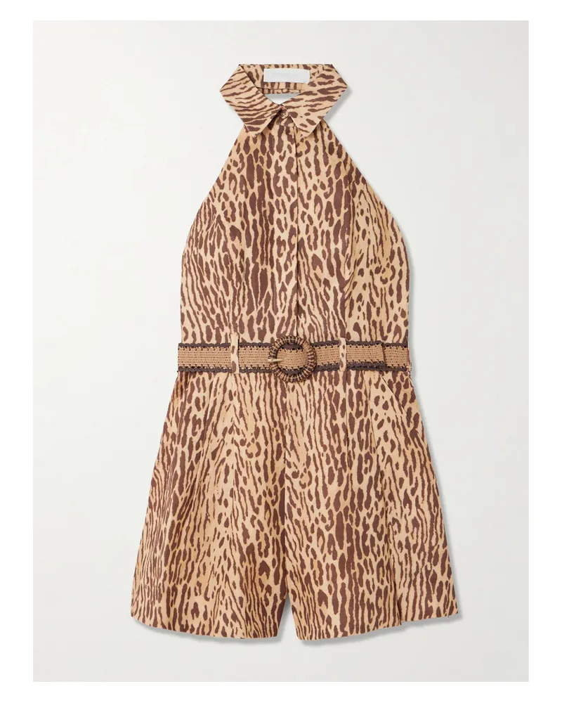 Zimmermann Cascadian Playsuit Aus Leinen Mit Leopardenprint, Falten Und Gürtel - Animal-Print Animal-print