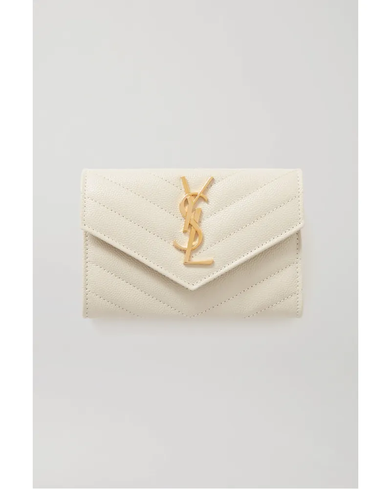 Saint Laurent Monogramme Envelope Portemonnaie aus Gestepptem Strukturiertem Leder Wollweiß