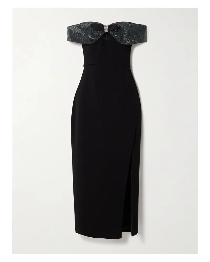 Self-Portrait Schulterfreies Midikleid Aus Crêpe Mit Kristallen Und Schleife - Schwarz Schwarz