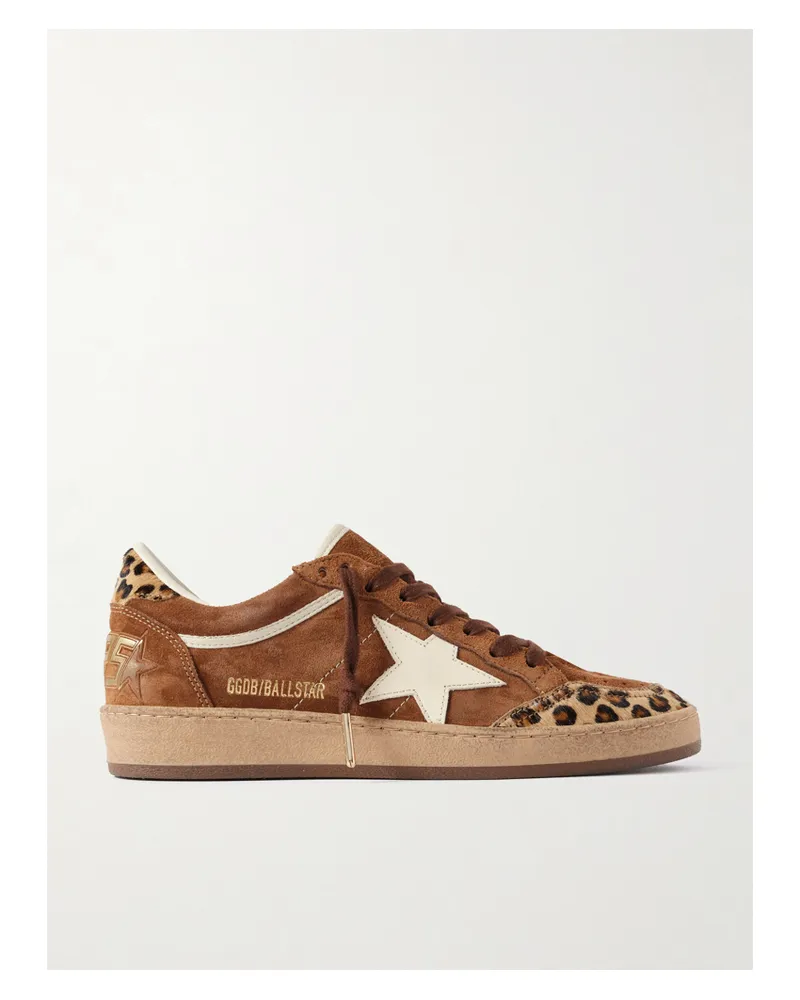 Golden Goose Ball Star Distressed Leather And Calf Hair-trimmed Suede Sneakers - Brown Brown