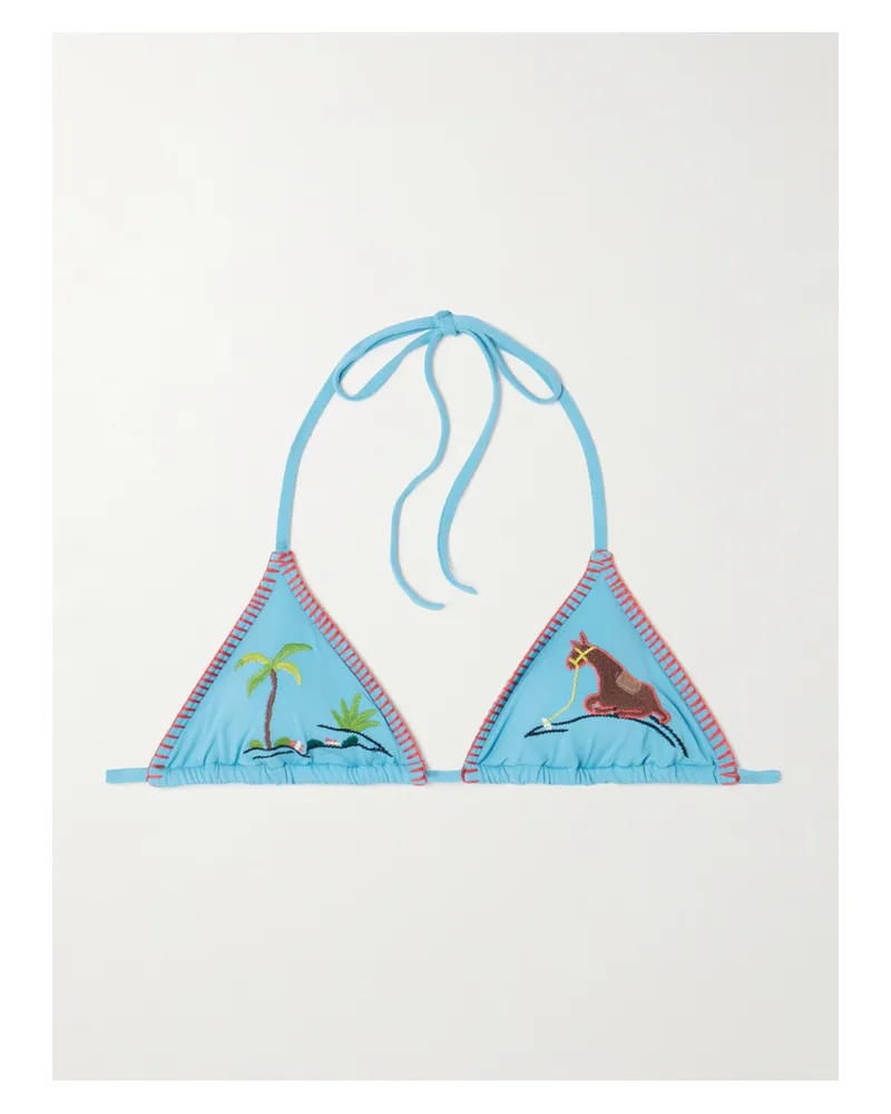 STAUD Lido Embroidered Triangle Bikini Top - Blue Blue