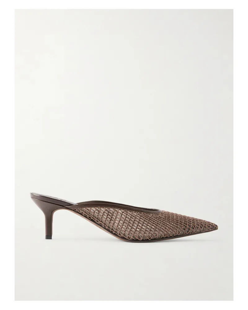 Brunello Cucinelli Leather-trimmed Bead-embellished Mesh Mules - Brown Brown