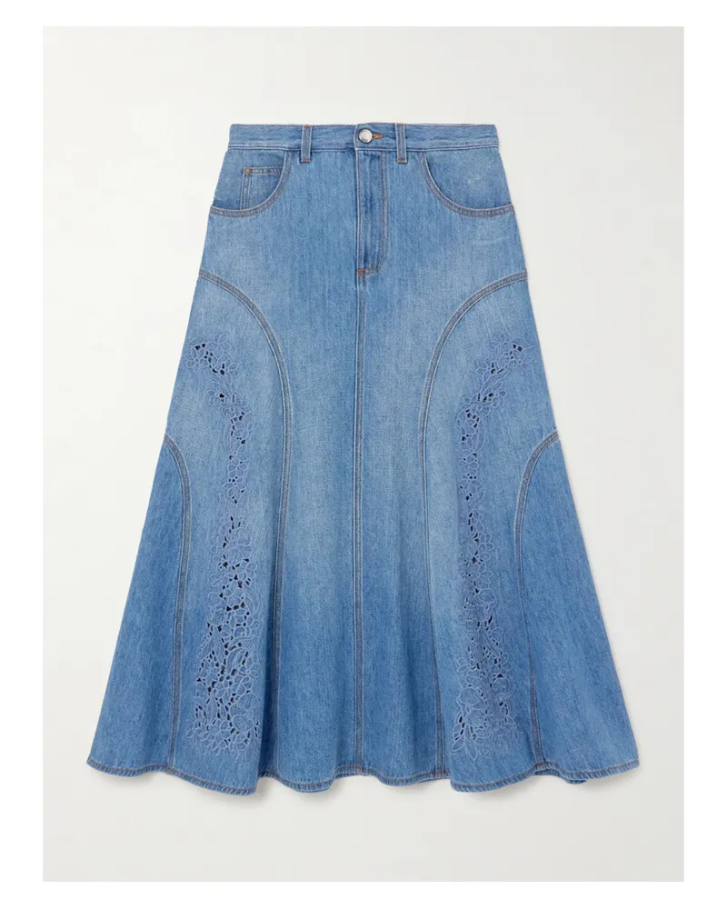 Chloé Net Sustain Midi-jeansrock Aus Recyceltem Denim Mit Lochstickerei - Blau Blau