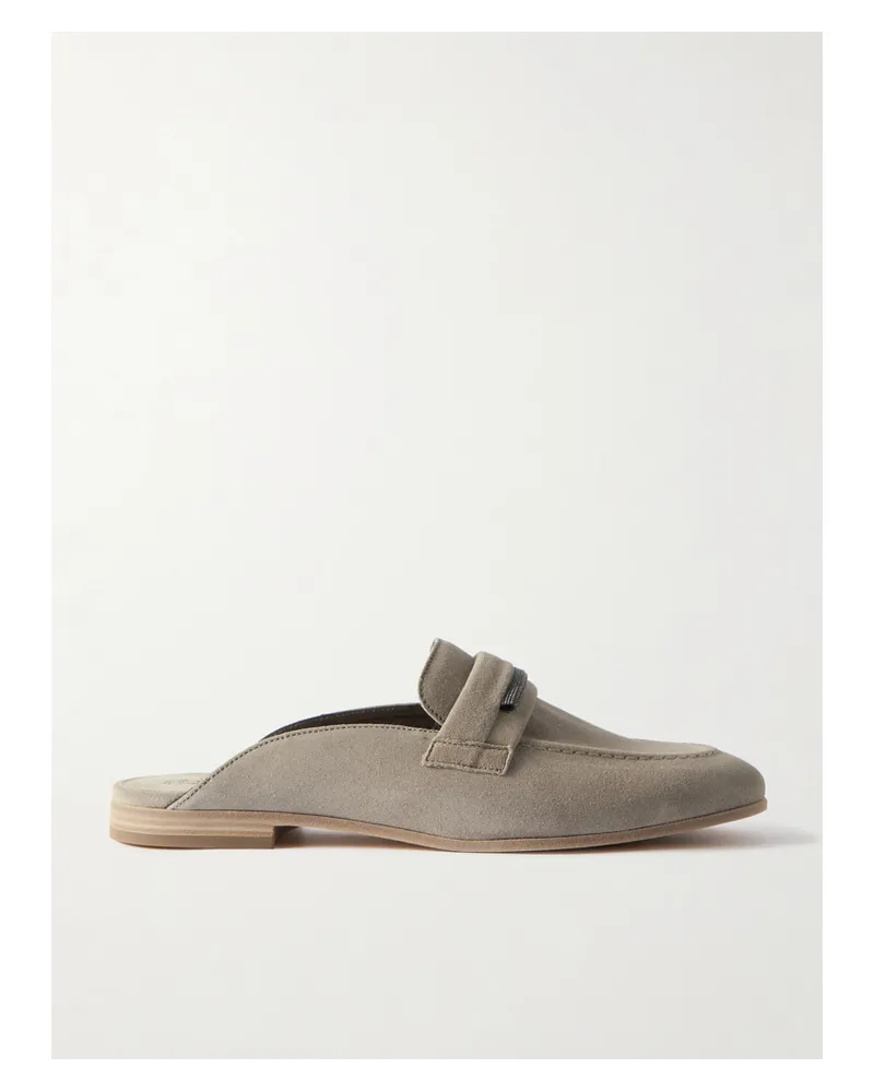 Brunello Cucinelli Slippers aus Veloursleder mit Verzierung Neutral