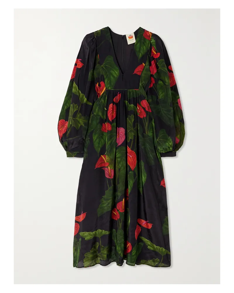 FARM Rio Anthurium Maxikleid Aus Crêpe Mit Blumenprint Und Falten - Schwarz Schwarz