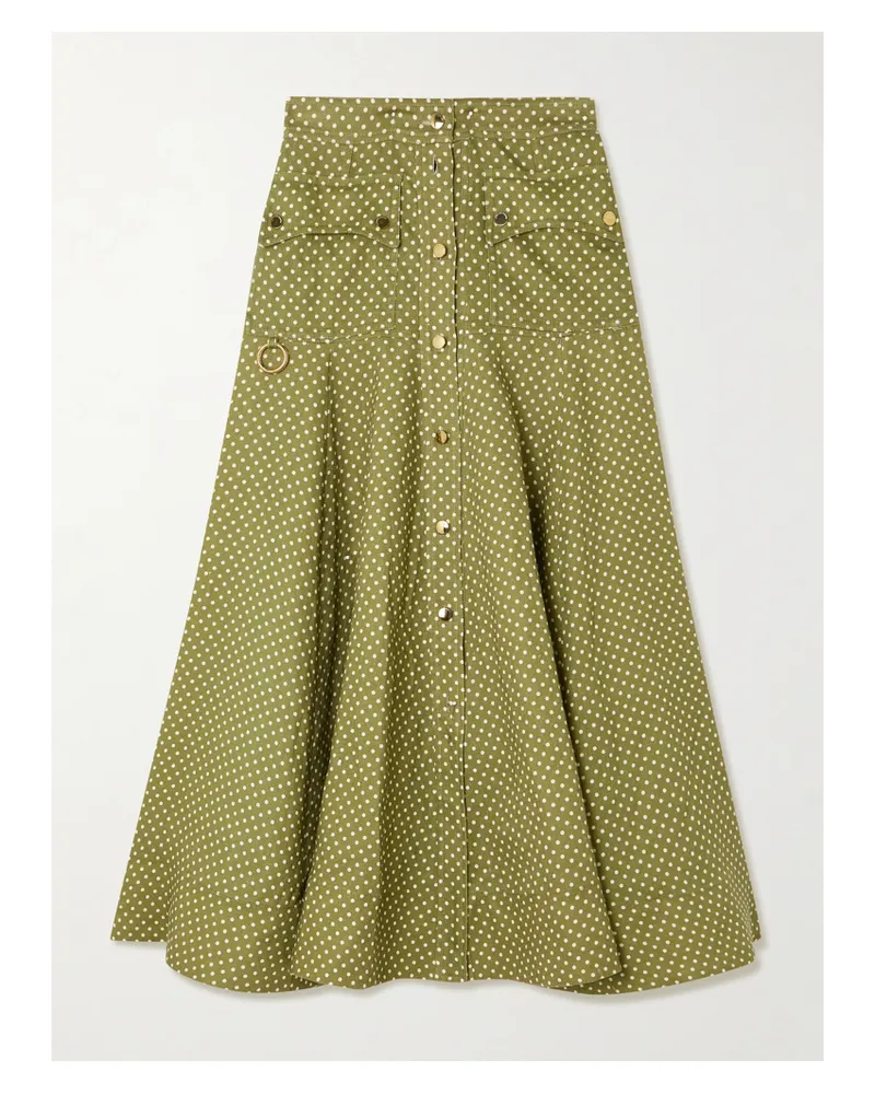 Zimmermann Luna Embellished Polka-dot Linen Midi Skirt - Green Green