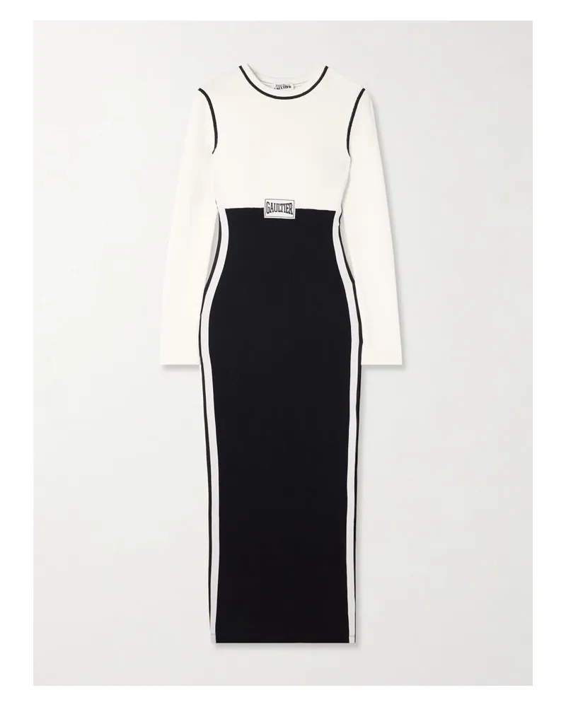 Jean Paul Gaultier Midikleid Aus Gerippter, Zweifarbiger Stretch-baumwolle Mit Applikation - Weiß Weiß