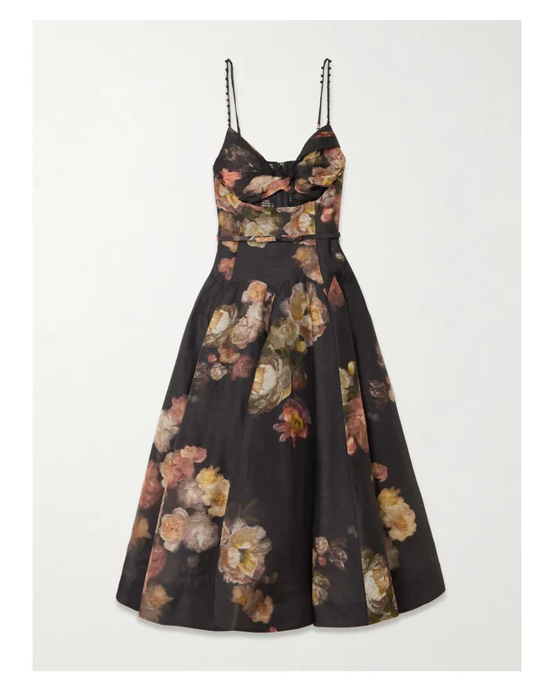 Zimmermann Hypnotic Midikleid Aus Einer Leinen-seidenmischung Mit Cut-out, Verzierungen Und Gürtel - Schwarz Schwarz
