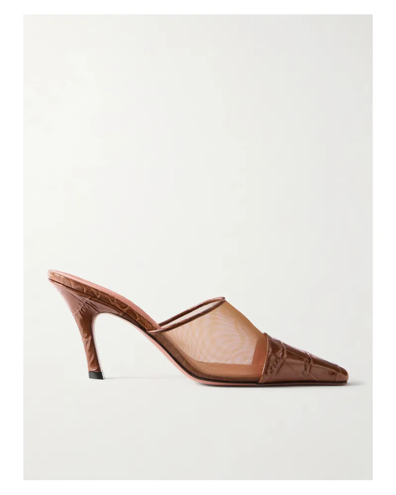 Amina Muaddi Jamie Mesh And Croco-embossed Leather Mules - Brown Brown
