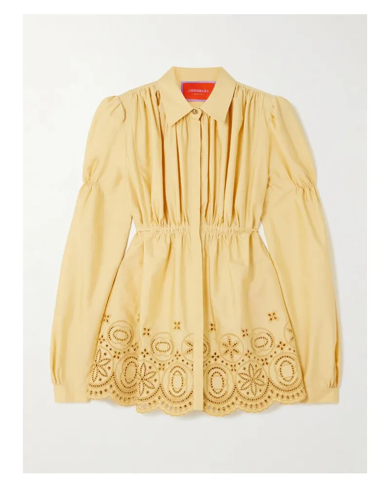 La DoubleJ Franca Hemd Aus Satin Aus Einer Baumwollmischung Mit Lochstickerei Und Raffungen - Gelb Gelb