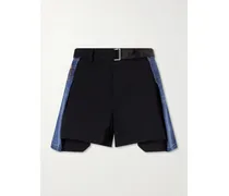 Belted Wool-trimmed Denim Shorts - Black